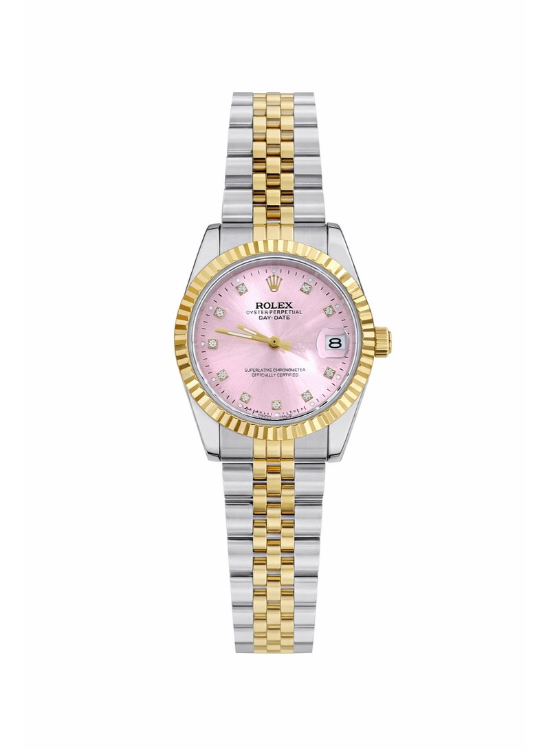 Rolex Day-Date Two-Tone Stainless Steel & Gold Watch with Pink Dial and Diamond Markers